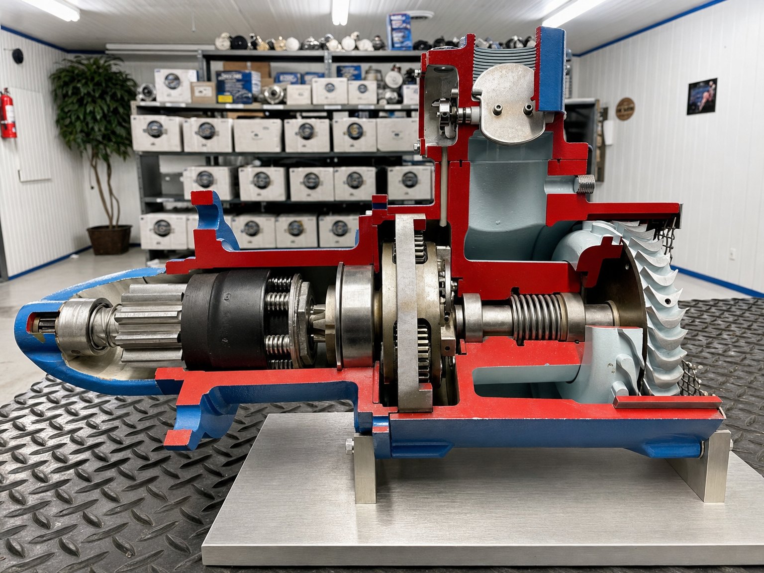 Sectioned industrial air starter showing turbine, gearing and drive inside the ISS shop