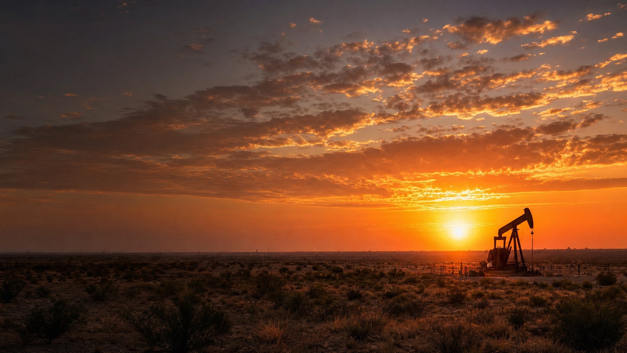 Pumpjack silhouetted against a Permian Basin sunset