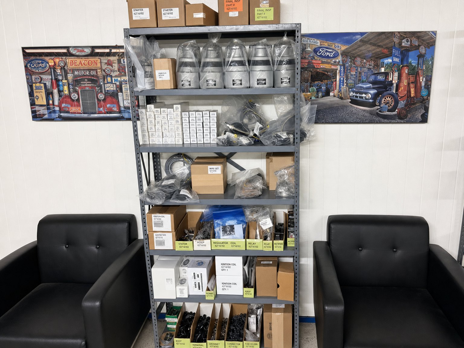 Shelving stocked with boxed starter and ignition parts in the ISS showroom